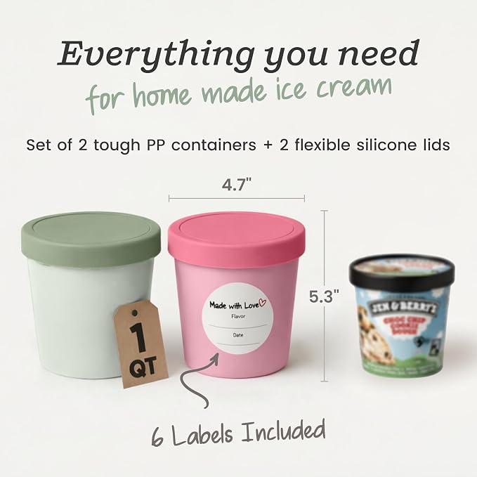 StarPack Freeze The Day Homemade Ice Cream Containers (2-Pack, 1 Quart) - Airtight Silicone Lids, BPA-Free Reusable Freezer Tubs with Dry Erase Pen and Labels - Stackable, Sage Green and Pink