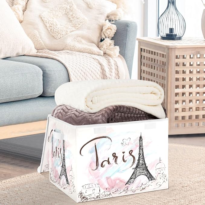 CaTaKu Large Fabric Storage Bins With Lids,Vintage Eiffel Tower Paris Storage Boxes With Handles for Organizing Clothes, Collapsible Decorative Storage Cube Bins Baskets for Shelves