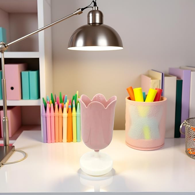 Pink Plastic Tulip Pen Holder Cute Pens Cup for Desk Pen Brush Organizer Office Stationery Supplies Home Decor Desk Supplies Holders and Dispensers(ZS399)