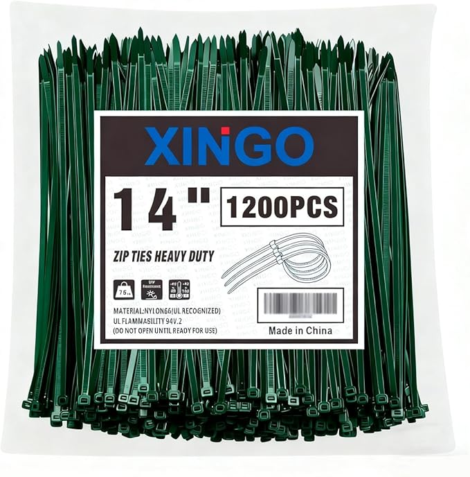 XINGO 14 Inch Garden Green Zip Ties 1200PCS, 75 LBS Ultra Strong Tensile Strength, UV Resistant Cable Ties, Self-locking Plastic Ties for Indoor and Outdoor Use