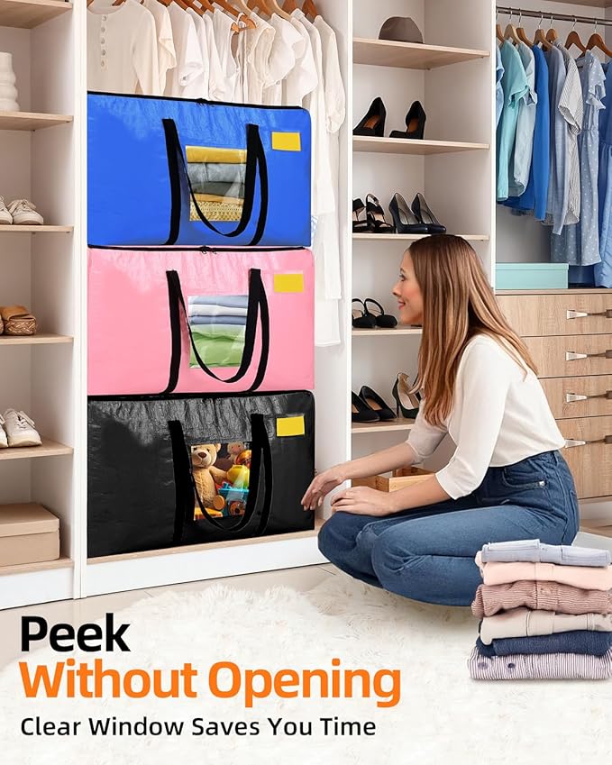 Extra Large Moving Bags, 6 Pack Heavy Duty Storage Bags Boxes Bins Totes with Hnadles Zippers Visible Window for Clothes College Dorm Travel, Black