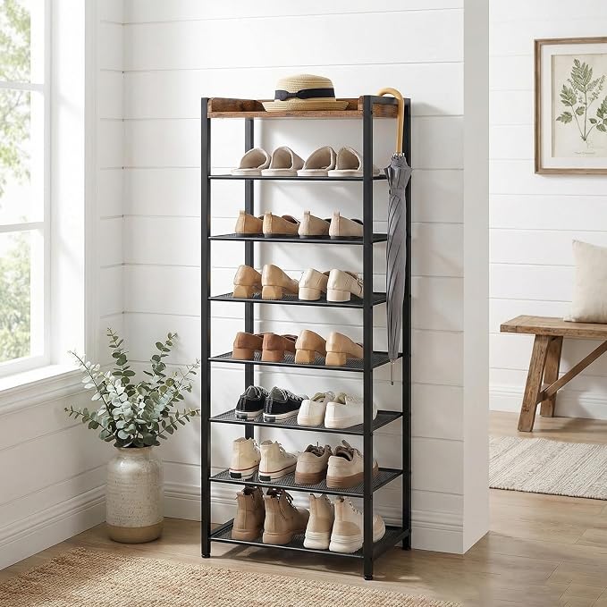HOOBRO 8 Tier Shoe Rack, Large Capacity Shoe Storage for 14-16 Pairs, Sturdy Metal Shoe Shelf for Closet Entryway, Space Saving Shoe Organizer for Sneakers Heels, Rustic Brown BF48XJ01