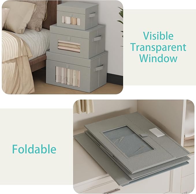Transparent Window Storage Bin, Cube Organizer Basket with Flip-Top Lid and 2 Handles, Decorative Boxes with Cover, 4 Pack, Grey, 15 x 9.8 x 9.8 In, XSNY17GL-4
