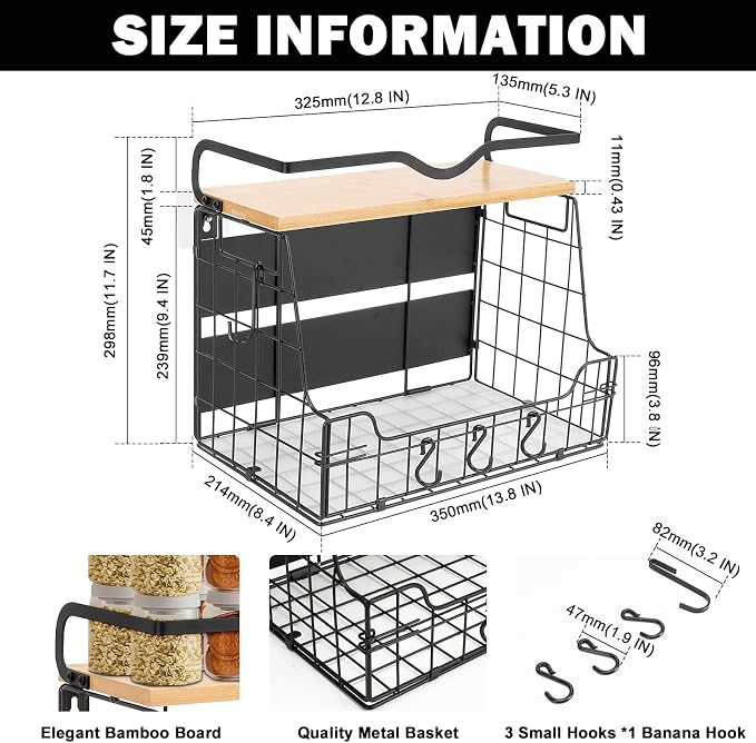 Livabber Magnetic Fridge Organizer Basket with Wood Shelf, Large Fruit Vegetable Storage Bin, Spices Snacks Condiments Rack for Kitchen Pantry, Laundry Room, Office, Magnetic or Wall Mount (Black)