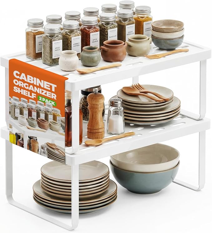 Cabinet Organizer Shelf, Countertop Risers, Kitchen Storage Rack | 2 Pack Foldable White Expandable Holders for Pantry & Bathroom, No-Tool Assembly Space-Saving Cupboard & Desk Organization