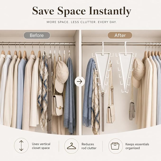 V-Shaped Double-Sided Closet Organizer Hanger, Multi-Functional V-Shaped Double Sided Hanger Storage Rack, Vertical Closet Storage Rack for Shirts, Light Jackets, Hats, Scarves (2, White)