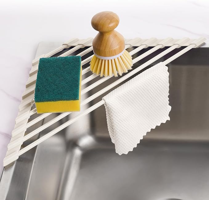 Tomorotec Compact Silicone-Coated Triangle Dish Drying Rack for Sink Corner - Foldable Stainless Steel Over-The-Sink Organizer and Storage Shelf(Cream Color)
