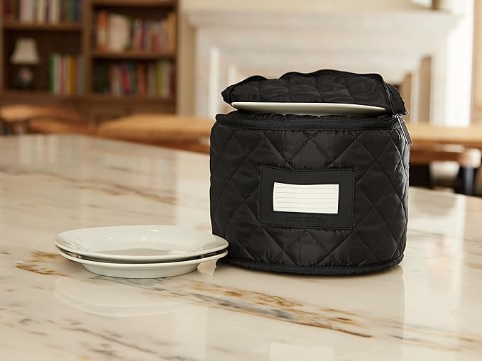 Covermates Keepsakes Dish Storage Case – Padded China & Dinnerware Organizer, Quilted Polyester Protection, ID Window, Zipper Closure, Machine Washable, Black
