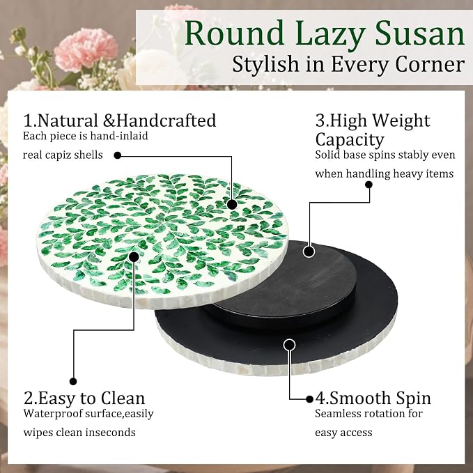 Reallnaive Mother of Pearl Lazy Susan for Table Turntable Organizer Marble Patterned Lazy Susan Wood Spinning Tray Rotating for Kitchen Cabinet Spice Pantry 12 Inch(Round,Green Grass)