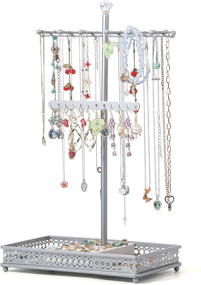 Meangood Jewelry Organizer Stand, 15.6" H Jewelry Tree Display Holder Stand for Bracelets Necklaces Earrings Rings, Gift for Women Girls (Silver)