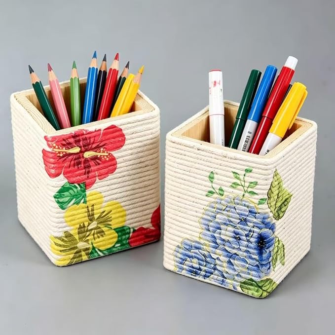 2 Pack Square Unfinished Wooden Pencil Holder 3"x3"x4" Wood Pen Cup for DIY Crafts Makeup Brushes Home Office Desk Organizer Storage