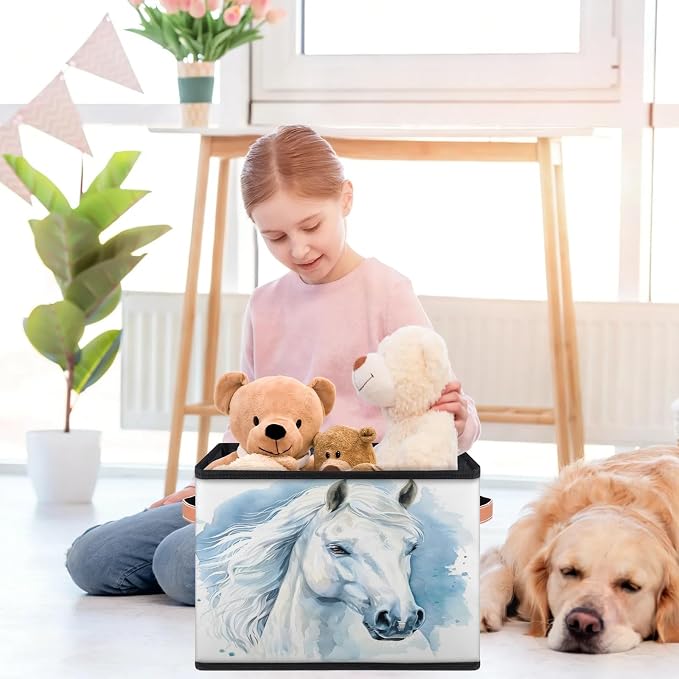 Horse Closet Storage Bin, Foldable Storage Baskets for Shelves, Decorative Shelf Organizer Horse Animal Fabric Cube Bin for Living Room Bedroom Home Dorm
