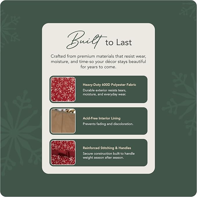 Covermates Keepsakes Adjustable Ornament Storage Bag – Heavy-Duty Polyester, Padded Dividers & FlexGrid Trays – Protective Holiday Ornament Organizer with Handles & Label Window, Red Snowflake