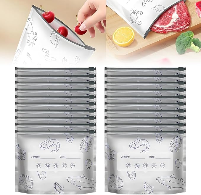 Reusable Aluminum Foil Sealable Storage Bags, Vacuum Zipper Pouches with Label and Stand Up Bottom Design, Leakproof Durable Food Storage Bags for Vegetables Fruits Meat (30, Small)