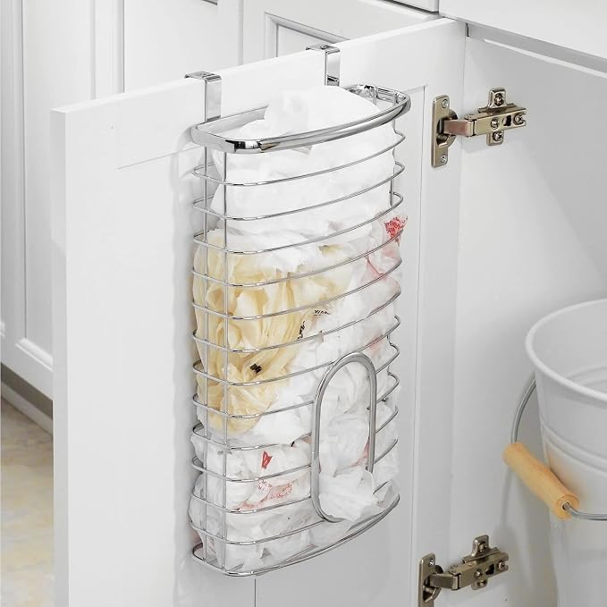 mDesign Steel Hanging Cabinet Storage Organizer Holder for Kitchen, Pantry - Holds Plastic, Sandwich, Garbage, Grocery and Trash Bags; Wrap, Foil, Pack - Spira Collection - Chrome
