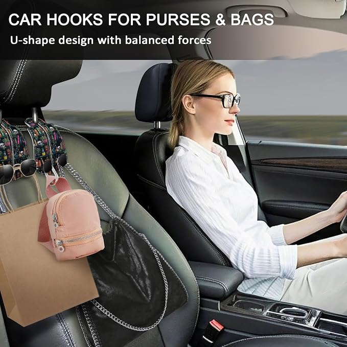 Blusabaca 2PCS Car Hooks Purses and Bags, Goth Gothic Bookshelf Skull Skeleton Seat Back Storage Headrest Holder Hanger PU Leather Double Metal Backseat Organizer, Women Car Accessories Organization