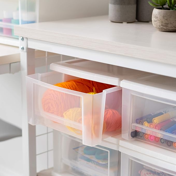 IRIS USA 7 Qt. Small Plastic Stacking Drawer, Stackable Storage Organizer Unit with Sliding Drawer for Bedroom Kitchen Under Sink Pantry Craft Room Dorm Office, White, 4-Pack
