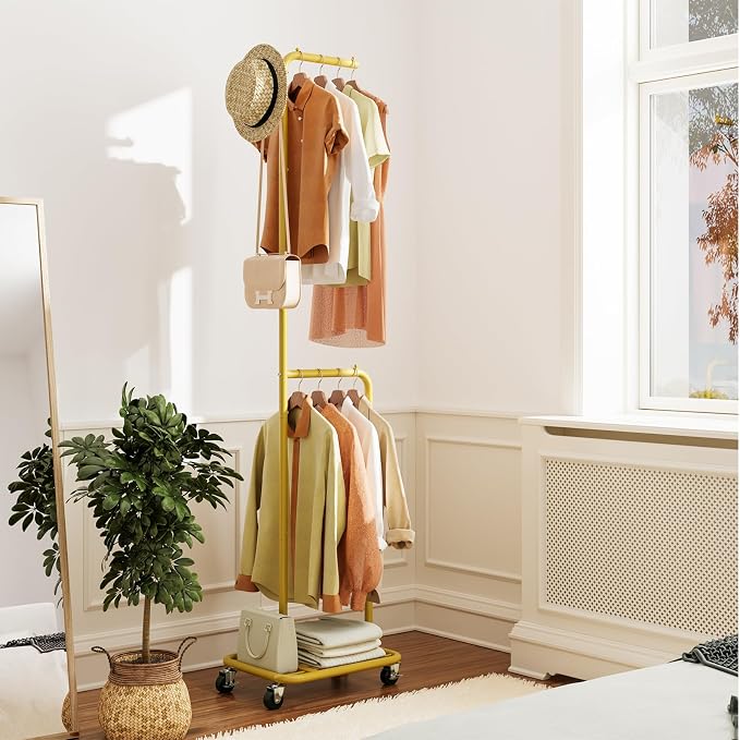 Small Rolling Clothing Rack with Shelf,Narrow Gold Clothes Rack with Wheels | Gasvadivum 71" Tall Sturdy Metal Garment Rack with Hanging Rod, Freestanding Portable Coat Rack for Bedroom, Entryway