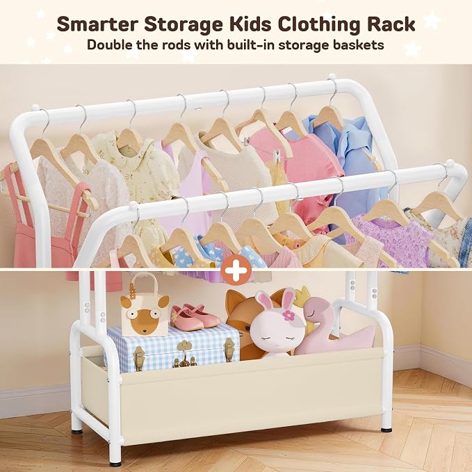 Kids Clothing Rack with Double Hanging Rods and Storage Basket | Child-Height Dress Up Storage for Toddler, Open Kids Closet for Baby Clothes, Costumes, Shoes and Toy, Bedroom Nursery