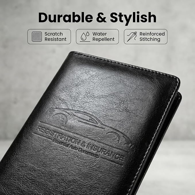 LumiMokki Premium Car Registration & Insurance Card Holder, Cowhide Black | Vehicle Glove Box Organizer, Magnetic Closure Car Document Holder, For Insurance, Cards, License, Women & Men