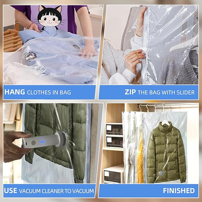 6-Pack Hanging Vacuum Storage Bags with Electric Pump – 3 Long & 3 Short Vacuum Seal Bags for Closet Organization, Space Saver for Suits, Jackets, Coats & Clothing