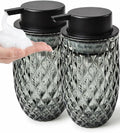 Glass Foaming Soap Dispenser, Grey Embossed Foam Hand Soap Dispenser, 2PCS | Refillable Foaming Soap Bottle, with Black Pump for Bathroom, Kitchen, Elegant Modern Home Decor, 12 OZ Large Capacity