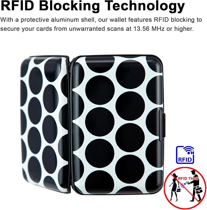 Credit Card Holder Wallet for Women Men RFID Blocking Small Metal Business Aluminum Protector Sleeves Slim Mini Cards Case (Black White Polka Dot)