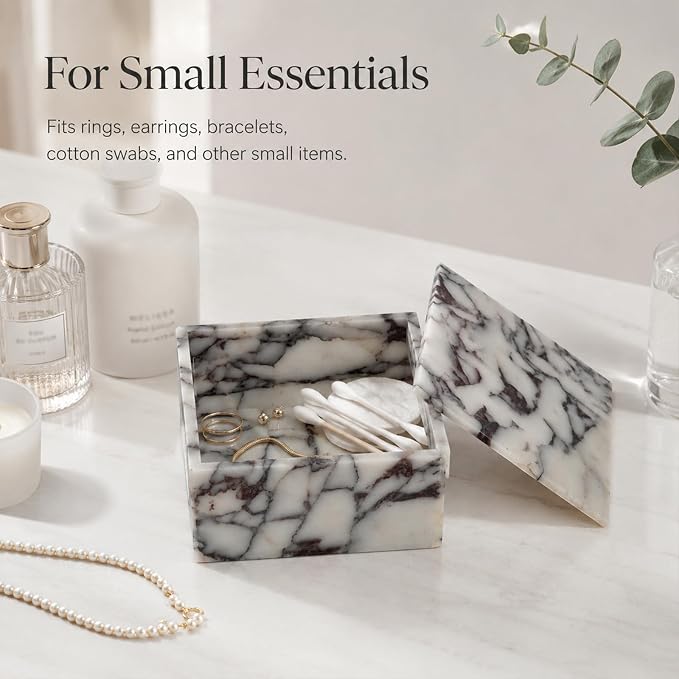 Natural Marble Square Jewelry Box with Lid, 5.91 in | A square natural marble box with lift-off lid for jewelry, cotton pads, and a cleaner dresser display.