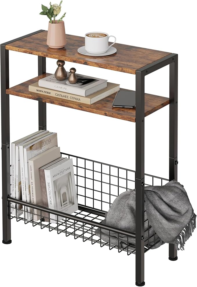 DIY Narrow Side Table, 3 Tier End Table with Various Storage Basket, Slim Sofa Side Table for Small Spaces, Skinny Nightstand, for Living Room, Bedroom, Rustic Brown