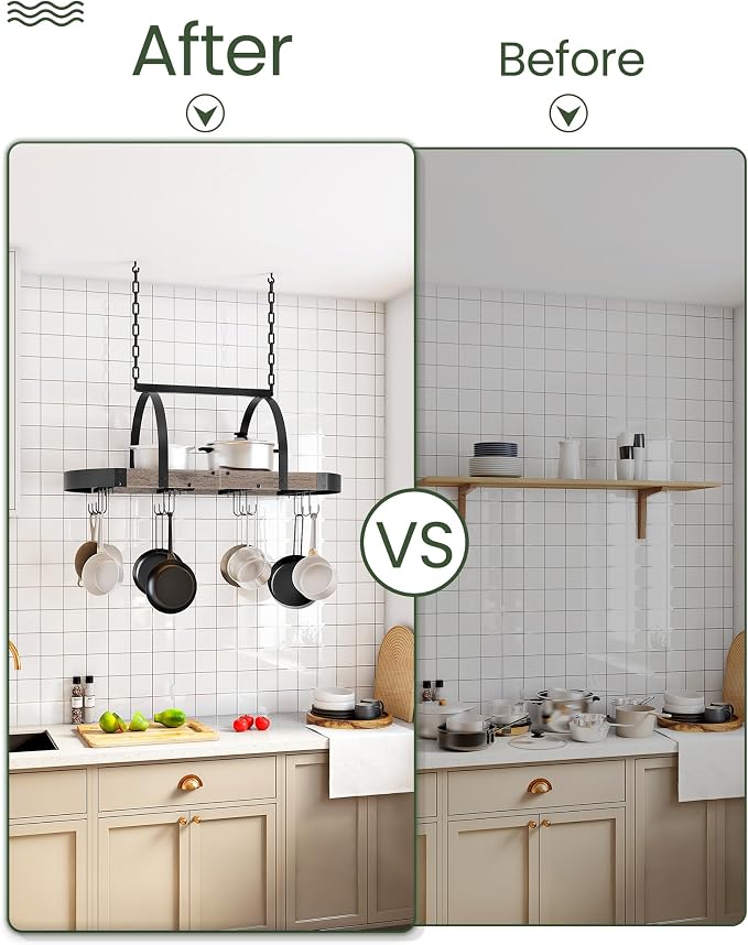 CHOEZON Hanging Pot Rack, Pot Hanger for Kitchen, Ceiling Mounted Pot Holder, Cookware Organizer with 12 S-Shaped Hooks, for Pot, Pan Storage, Space-Saving, Greige and Black TPR08BGC1