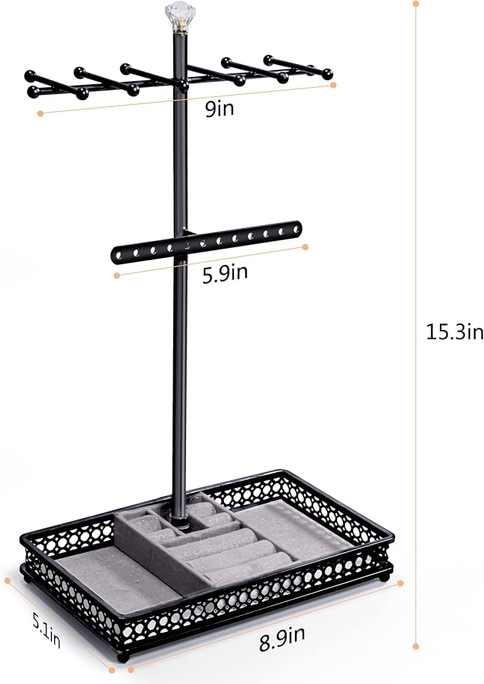 Meangood Jewelry Organizer Stand, 15.6" H Jewelry Tree Display Holder Stand for Bracelets Necklaces Earrings Rings, Gift for Women Girls (Black)