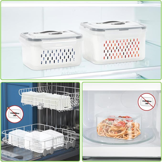 4 Pack Fridge Fruit Storage Containers with Colander, Vent and Handle | BPA Free Plastic, Airtight Stackable Refrigerator Organizer Bins for Berry, Meat, Vegetable