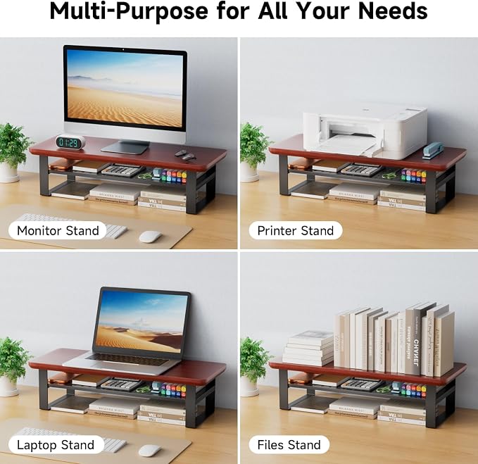 Monitor Stand Riser, 24 Inch Computer Monitor Stand for Desk, 2-Tier Wood Desk Shelf Organizer with Storage, Desktop Stand for Laptop/Screen/PC/Printer, Ergonomic Home Office Monitor Stand