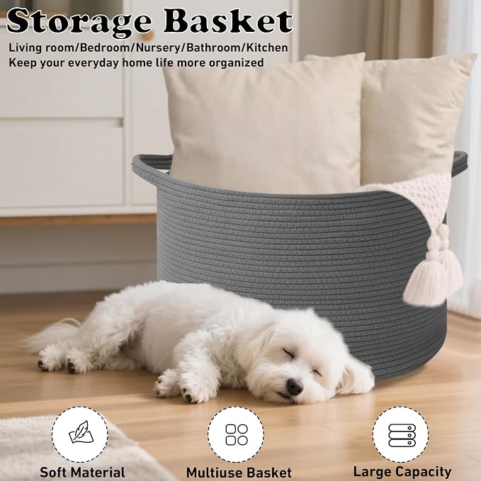 65L Large Blanket Basket, 19.7" L x 19.7" W x 13" H Cotton Rope Woven Storage Basket,Laundry Hamper for Toys, Clothes, Pillows & Towels, Perfect for Living Room, Nursery & Bedroom,Dark Gry