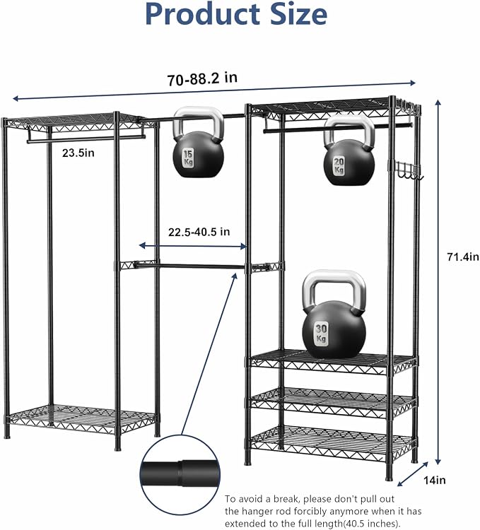 Heavy Duty Closet Garment Rack, Metal Clothes Racks Wardrobe with Shelf | 6 Tiers Adjustable Metal Freestanding Expandable Clothing Storage with 4 Hanger Rods, 71.4"H x (70"-88.2") L x 14"D, Black