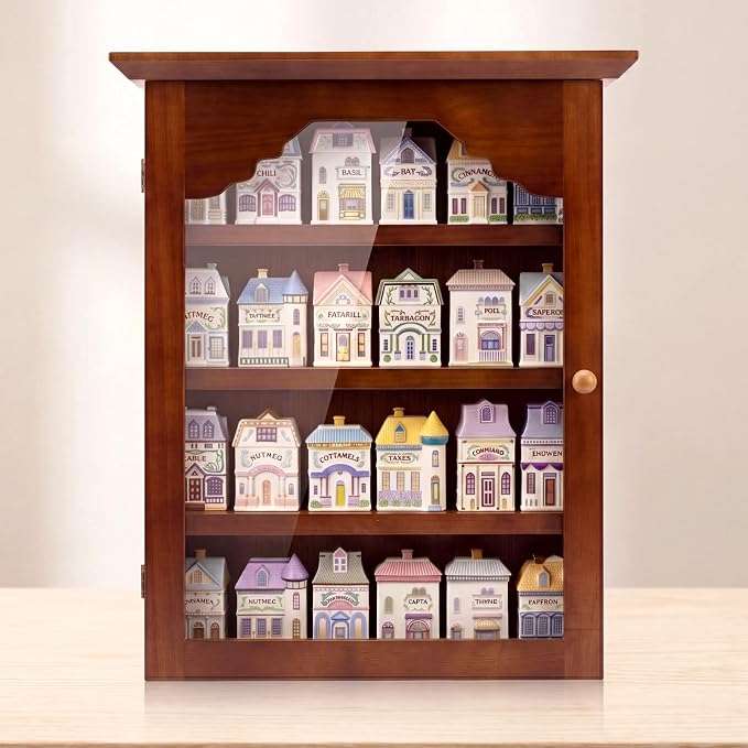 Chunful Vintage Spice Jar Wooden Rack with Clear Door, Brown Spice Shelf for 24 Jars, Village Style Wall Mounting Kitchen Storage Decorative Hanging Display Rack, Shelf Only