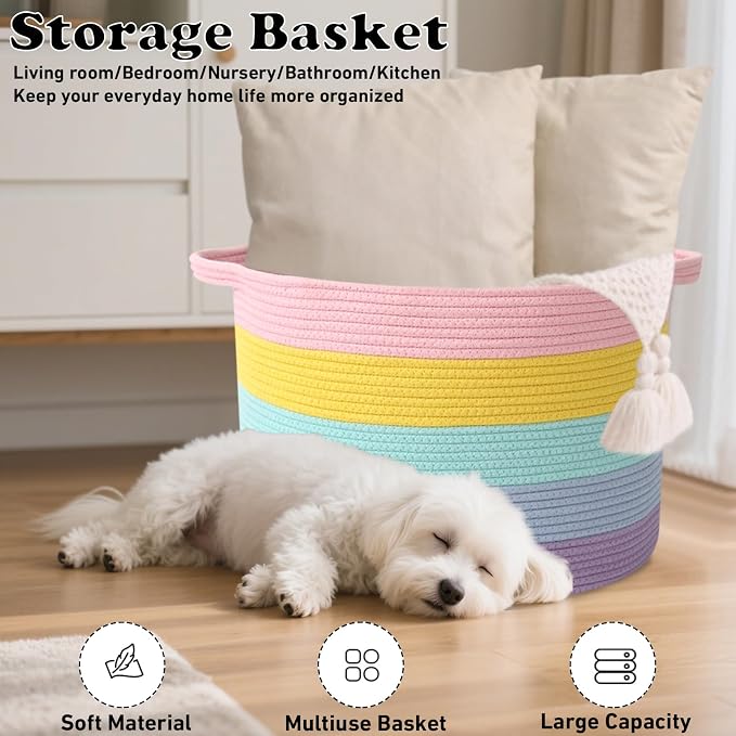 115L Large Blanket Basket,23.6" L x 23.6" W x 15.7" H Rope Woven Baskets with Handles, Toys Storage Bins,Laundry Basket Perfect for Living Room, Nursery,Bedroom,Home Organization,Colorful