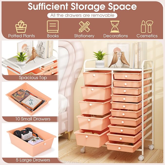 Moccha 15-Drawer Rolling Storage Cart - Under Desk Storage Drawers with wheels for Craft Art Supply Paper Salon, Scrapbook Paper Tools, Mobile Utility Cart for Classroom (15 Drawers, Peach)