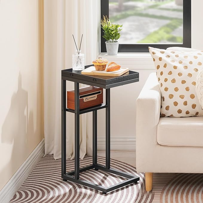 HOOBRO Foldable C Shaped End Table, C Shaped Side Table with Storage Shelf, Small Snack Table, Slide Under Couch Table for Sofa, Living Room Bedroom Small Spaces Easy Assembly, Black BK29SF01
