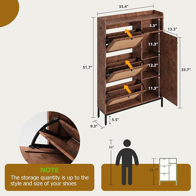 Garvee Shoe Cabinet with 3 Flip Drawers and 4-Tier Shoe Storage Cabinet, Freestanding Shoe Organizer with Adjustable Shelf and Rattan Doors for Entryway, Closet, Hallway