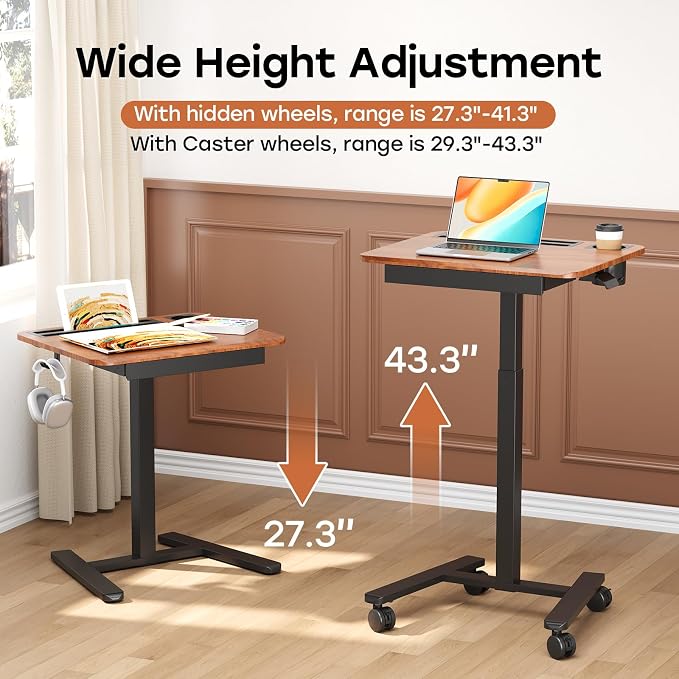 Small Mobile Standing Desk with Drawer, 23.6" x 19.7" Top | Height Adjustable Portable Laptop Desk with Wheels & Cup Holder, Sit Stand Computer Workstation for Compact Space, Dark Wood