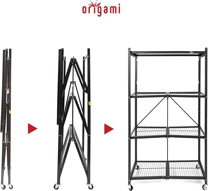 Origami R5 4-Shelf Heavy-Duty Folding Storage Rack, Black – Large Foldable Metal Shelving Unit with Wheels for Garage, Pantry, Basement, Laundry Room or Warehouse