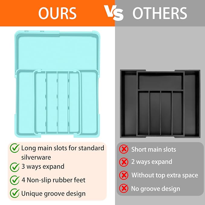 Spaclear Silverware Organizer - Expandable Silverware Drawer Organizer Adjustable Drawer Organizer, Silverware Tray for Drawer15.2"x 19" Cutlery Drawer Organizer, Kitchen Organizers Storage, Turquoise