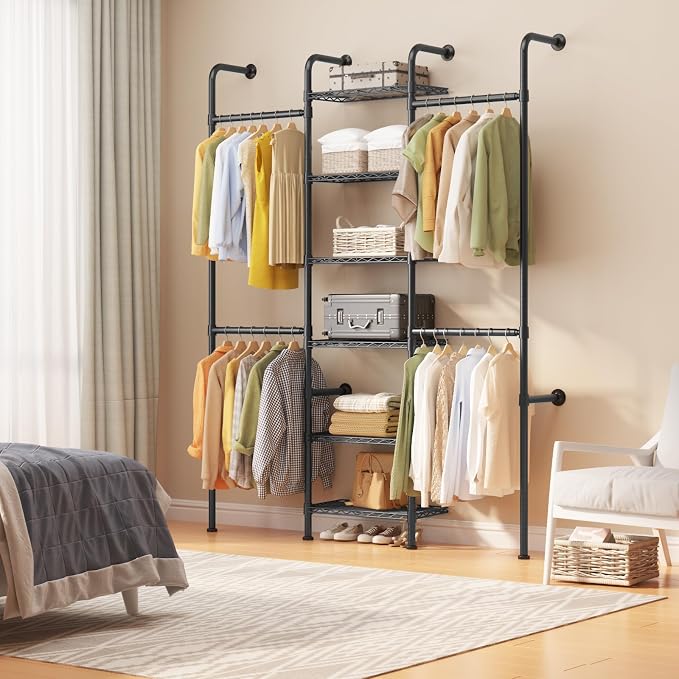 Garvee L3 Wall Mounted Pipe Closet System, Matte Black | Carbon Steel, Expandable Rods 23.62-35.43 in, 6 Wire Shelves, Closet Storage