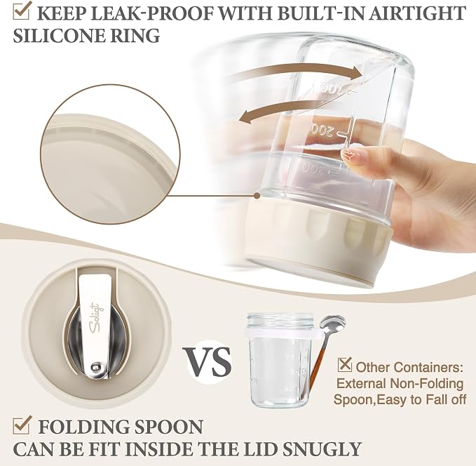 SOLIGT 2 Pack Overnight Oats Containers with Lids (White/Organic Green) | Folding Spoons and Divided Compartments for Fruit&Nuts, Small Glass 16oz Mason Jars for Oatmeal Yogurt Parfait