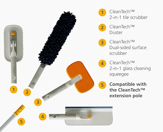 Joseph Joseph CleanTech 2-in-1 Glass Cleaner Shower Squeegee with Washable Microfiber Pad and Space-Saving Foldable Handle