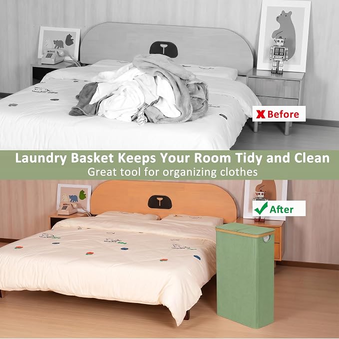 iEGrow 65L Slim Laundry Hamper, Narrow Laundry Basket with Lid,Foldable Clothes Hamper with Bamboo Frame,Hamper Basket with Removable Inner Bag for Laundry Room Bedroom College Dorm,17.17 Gals Green