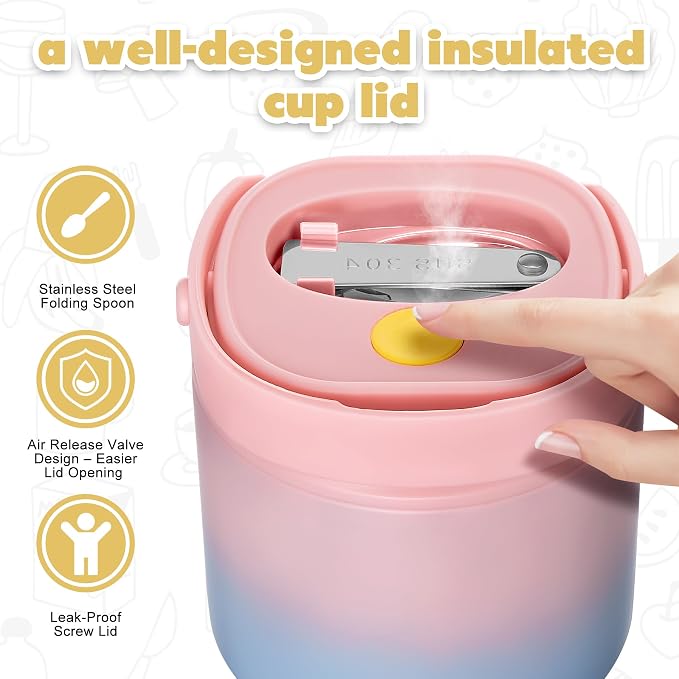 2 - in - 1 Soup Thermo for Hot Food 14oz with Snack Box Container Leak Proof Insulated Lunch Container Kids and Adults Stainless Steel Double Wall Vacuum Wide-mouth Thermal with Spoon and Handle
