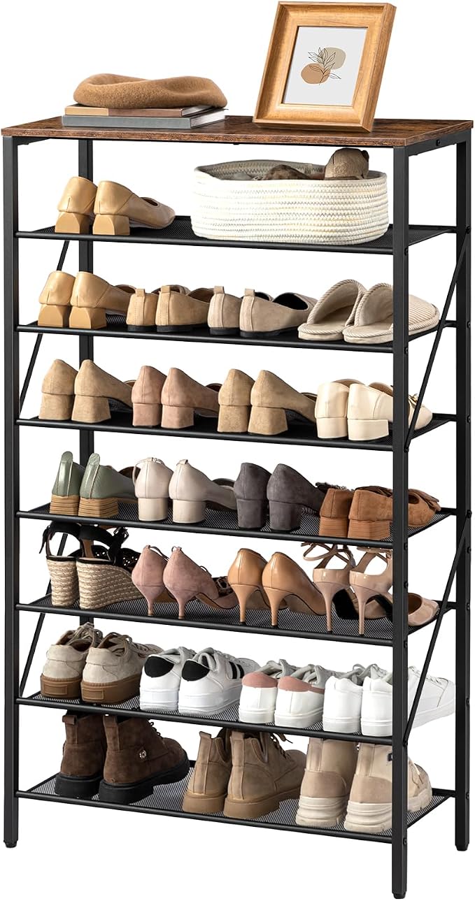 MAHANCRIS 8 Tier Shoe Rack Organizer for Closet, Holds 28-32 Pairs, Tall Metal Shoe Storage Shelf for Entryway Bedroom, Sturdy Freestanding Shoe Rack Space Saving, Large Capacity, Rustic Brown