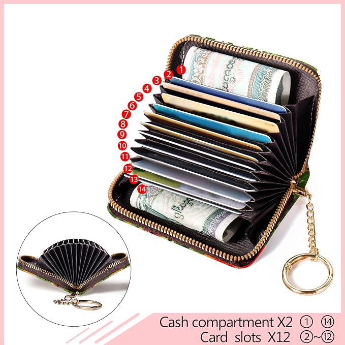Blusabaca RFID Credit Card Holder Small Women Travel Wallet, Parrot Bird | Removable Keychain, Case with Zipper, Vegan PU Leather, Cash Coin Pocket, Business Accordion Purse, Ladies Female Gift